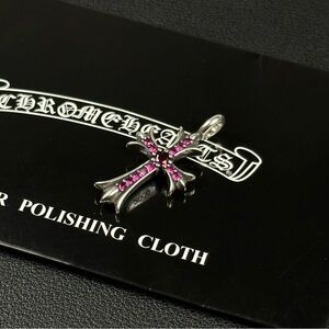 Chrome Hearts Tiny Fat Cross Ruby CZ Pave Silver Pendant